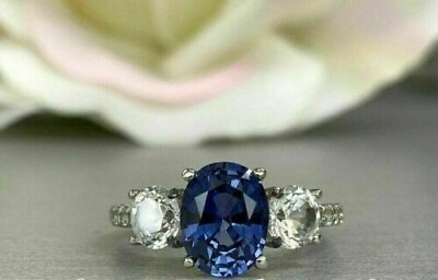 #ad 3.50 Ct Oval Cut Natural Sapphire amp; Diamond Wedding Ring 14K White Gold 7 8 $507.20