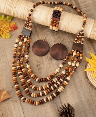 #ad Necklace Bracelet Earrings Set Long Necklace Wood Beads Jewelry Sets For Women $14.95