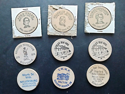 #ad Lot of 9 Vintage Wooden Nickels See Pics for details Pre owned $4.99