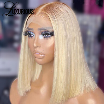#ad Short Bob 613 Blonde Lace Front Human Hair Wigs Women Transparent Brazilian Hair $263.00