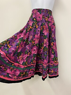 #ad Boho Skirt Vintage Pink Fuchsia Floral Cotton Midi Boho Hippie Summer Size 10 12 GBP 39.00