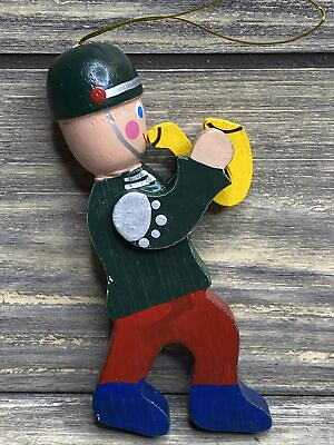 #ad Vintage Christmas Ornament Marching Band Boy Green Coat Hat Yellow Horn 3.5” $13.79