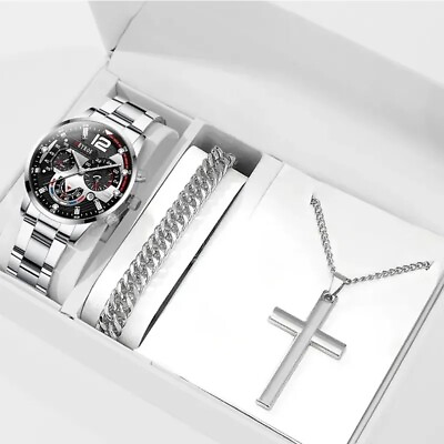 #ad #ad Watch Gift Set Men Silver Black CHRISTIAN CROSS Chain Bracelet 3 PIECE SET $19.89