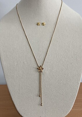 #ad Shiny Gold Finish Starfish Sea Life Inspired Pendant Necklace With Earrings $15.00