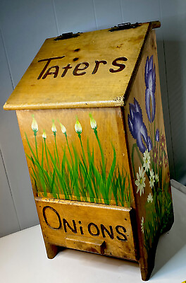 #ad Vintage Wooden Potato Storage Bin Onions Farm Decor Hand Painted Signed RARE $296.96