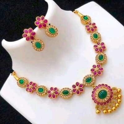 #ad Bollywood Style Gold Plated Necklace Earrings Temple Indian Fashion Jewelry Sets $18.19