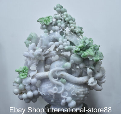 #ad 21.2quot; Natural Emerald ice Jadeite Jade Carving Flower Basket Peach Lucky Statue $15500.00