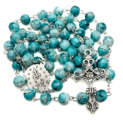 #ad Turquoise Marble Glass Beads Rosary Necklace Catholic Miraculous Medal amp; Cross $11.92