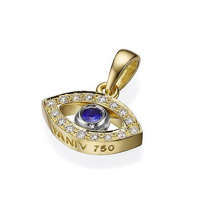 #ad 18k Yellow Gold Evil Eye Jewish Pendant Diamonds amp; Blue Sapphire Necklace Charm $1299.00