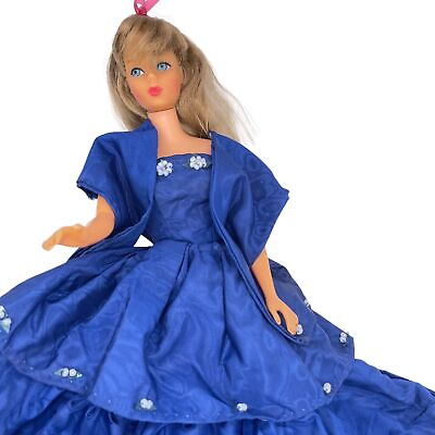 #ad Vintage Barbie Clone or Handmade Evening Gown Ballgown w Shawl Wrap Blue Beaded $69.99