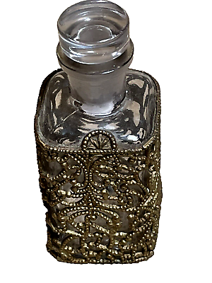 #ad Vintage Art Nouveau Brass Filigree Overlay Glass Perfume Bottle $39.95
