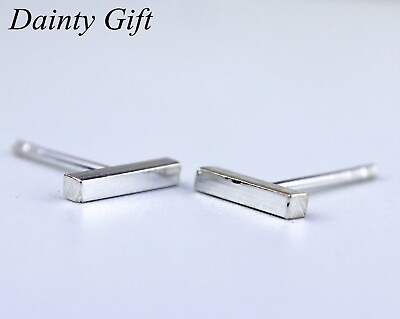 #ad Women Girl Sterling Silver 7.7 mm Silver Cubic Rectangle Bar Post Earring Stud $11.99