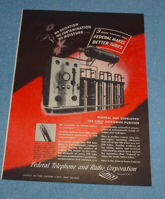 #ad Antique 1944 Ad Federal Telephone and Radio Corporation Nitrogen Purifier $7.73
