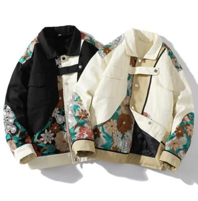 #ad Mens Retro Chinese Style Embroidery Vintage Jacket Lapel Button Thicken Oversize $56.16