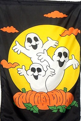 #ad Halloween Ghosts W Pumpkins 37quot;x 27 Double Sided Flag With Flag Hanger Vintage $12.00