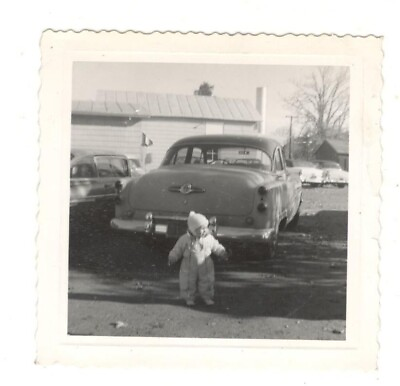#ad Vintage Photo Baby Toddler Behind Classic Car 1950#x27;s Found Art R160E $5.00