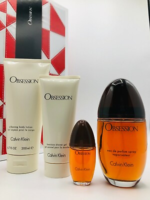 Calvin Klein Obsession Women 4pc Set Parfum Spray 3.4 oz Mini Lotion Shower Gel $74.95