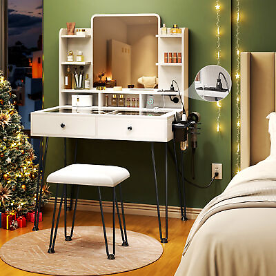 #ad TC HOMENY Makeup Vanity Table Desk Set with Charging Station amp; Mirror Dresser $155.99