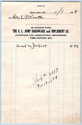 #ad 1934 QUEEN ANNE MARYLAND MD G L JUMP HARDWARE IMPLEMENT CO WIRE FENCING BILLHEAD $19.95