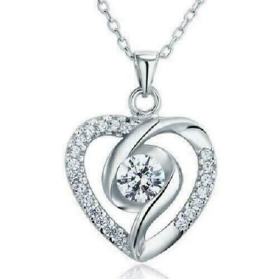 #ad 1Ct Round Cut Diamond Heart Shape Pendant Necklace 14K White Gold Finish Chain $46.20