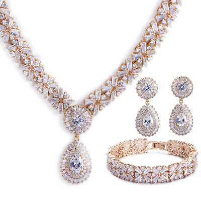 #ad Sparkling Zircon Gold Plated Necklace Bracelet Earring Wedding Bride Jewelry Set $39.10