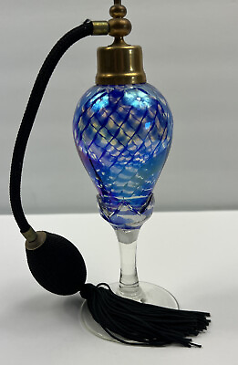 #ad Handblown Blue Art Glass Footed Perfume Bottle with Black Atomizer Vtg Art Deco $39.99