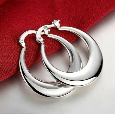 #ad Womens 925 Sterling Solid Silver Elegant Round Pierced Hoop Earrings $10.90