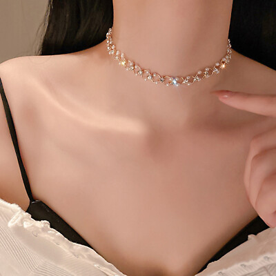 #ad New Korea Fashion Choker Necklace Inlaid Rhinestone Pearl Necklace Women Jewelry C $2.57