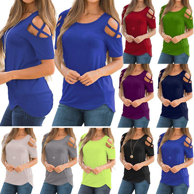 #ad Women Summer Cold Shoulder Solid Tops Tunic Short Sleeve Blouse Casual T Shirt $15.79