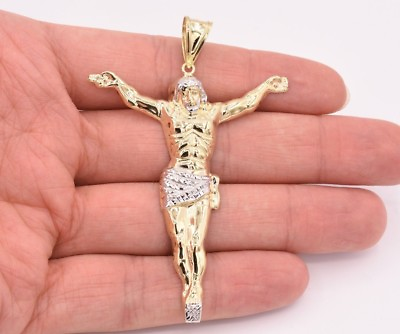 #ad 3quot; Mens Diamond Cut Crucifix Jesus Body Pendant Charm Real 10K Yellow White Gold $373.99
