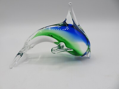 #ad Art Glass Blue Green Hand Blown Leaping Dolphin Figurine Paperweight 5”Long 1a $5.00