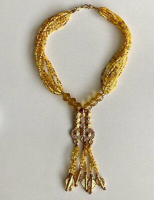 #ad Vintage Yellow Beaded Multi Strand Necklace 16” Y Drop Ladies 74g Beautiful $64.00