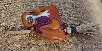 #ad Vintage Leather Halloween Witch On A Broom Pony Tail Battett $22.00