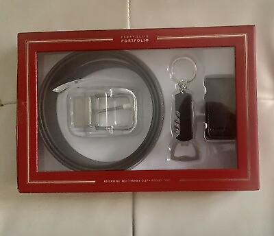 #ad Perry Ellis Portfolio Mens Gift Set Father Day Gift Leather Belt Corkscrew Clip $35.00