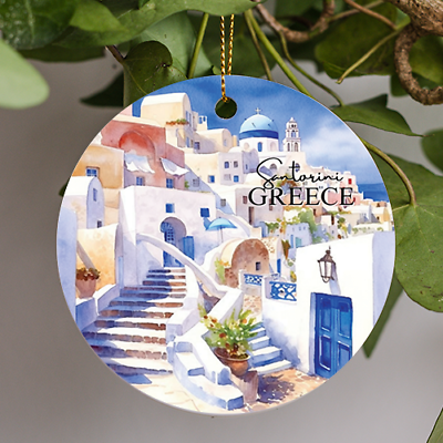 #ad Santorini Greece Ornament Santorini Illustration Art Travel Gift Ornament $15.99