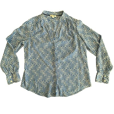 #ad Boden Womens Blue Blouse size 8 Patterned White Long Sleeve V Neck Button Up $24.95