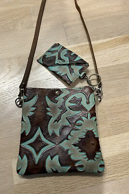 #ad Crossbody Brown Turquoise Embossed Leather With Coin Purse RARE $46.64