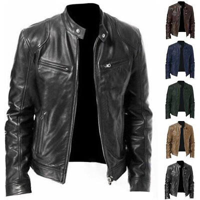 #ad Plus Size Men#x27;s Leather Biker Jacket Motorcycle Zip Up Coats Collared Outerwear* $29.43