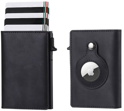 #ad Airtag Wallet Case Genuine Leather Credit Card Holder Magnetic Air Tag Cover $21.78