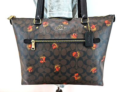 #ad $350 COACH Gallery Tote Signature Canvas POPPY Floral Brown Red Purse VEUC $210.00