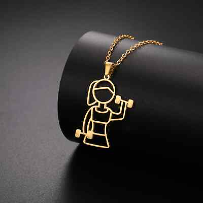 #ad #ad Sport Girl Pendant Necklace Stainless Steel Lifting Dumbbell Necklace Jewelry $6.49
