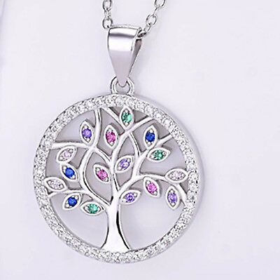 #ad Women Silver Colorful CZ Round Tree of Life 925 Sterling Silver Pendant Gift $16.50