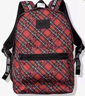 #ad Victoria’s Secret PINK CAMPUS Backpack RED Green Black PLAID PRINT NEW WITH TAGS $46.75