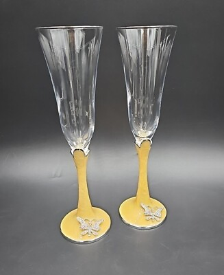 #ad #ad Jay Strongwater BUTTERFLY Set 2 Yellow Stem Champagne Flutes EXC Swarovski $488.88
