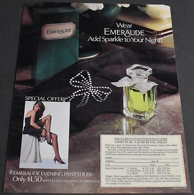 #ad 1988 Print Ad Lady Fashion Style Heels Sexy Emeraude Pantyhose Perfume Art Night $15.98