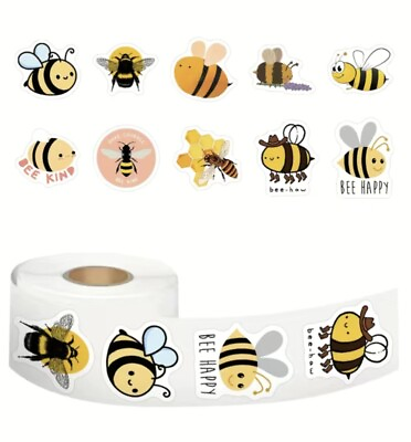 #ad 500 pcs Sticker Roll Various Cartoon Bees Theme Designs Semi Gloss Self Adhesive $7.77