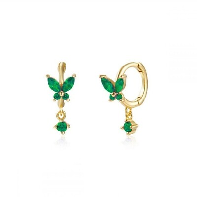 #ad Simulated Emerald Butterfly Dangle Hoop Earrings 18K Yellow Gold Plated Silver $13.99