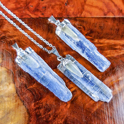 #ad Kyanite Quartz Necklace Large Crystal Point Pendant Silver Plated CR28 $16.52