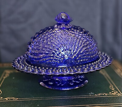 #ad Cobalt Blue Hobnail Glass Covered Butter Cheese Dish Vintage Seashell Top $45.00