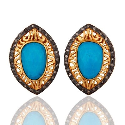 #ad Pave Diamond 925 Silver Turquoise Gemstone Women#x27;s Stud Earrings Jewelry $146.39